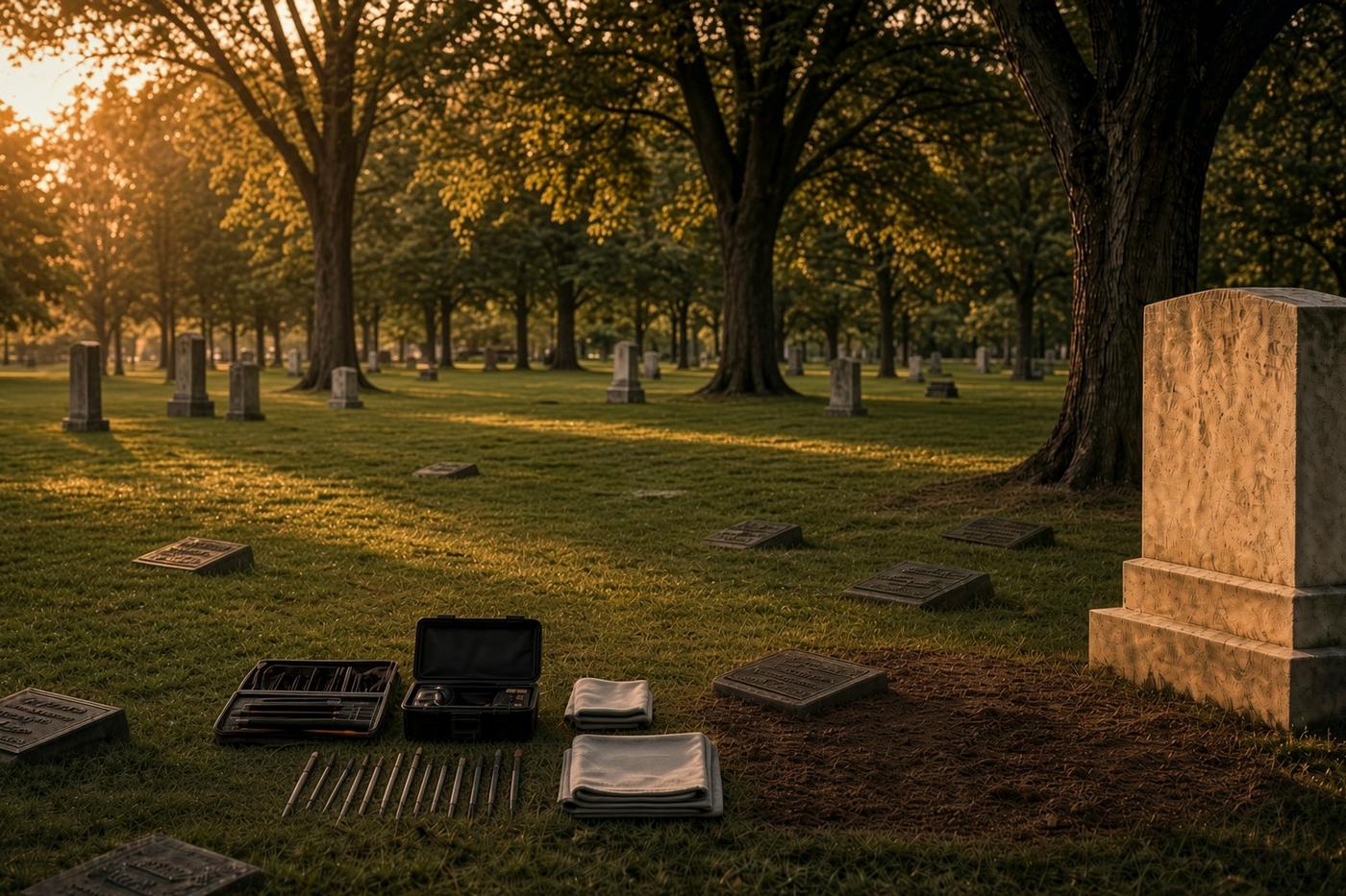 Restoration kit set out beside a marker in a historic Chicago cemetery