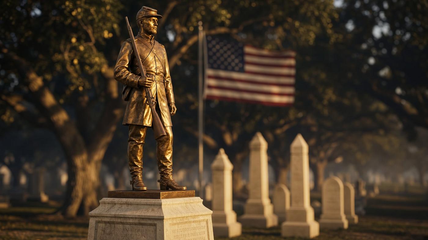 Restored bronze soldier statue in a historic cemetery at golden hour